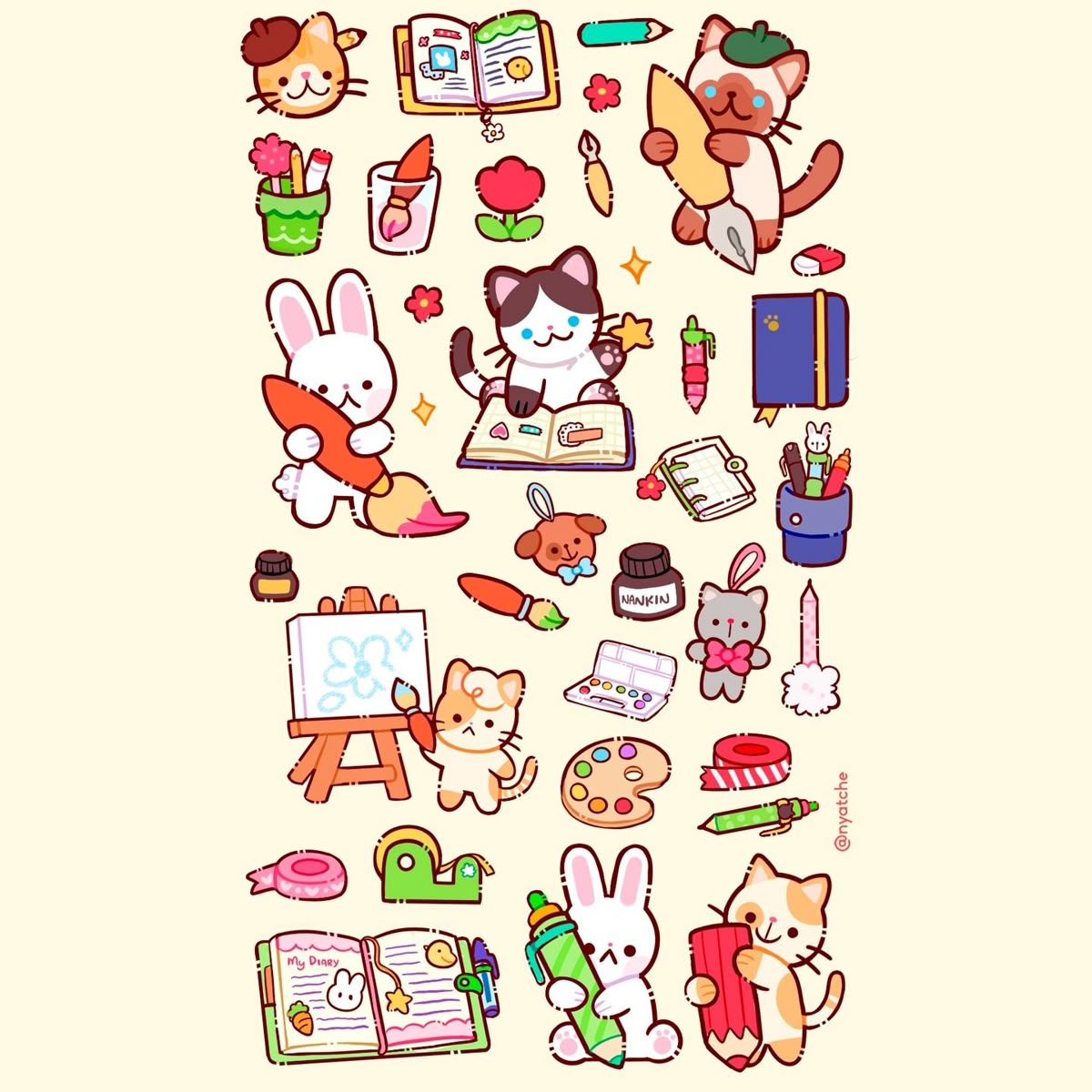 Kawaii Art and Stationery Stickers Pack, Cute Painting and Cat Theme Aesthetic Stickers for Journaling, Scrapbooking, Water Bottles, Laptop, and Planner Decals