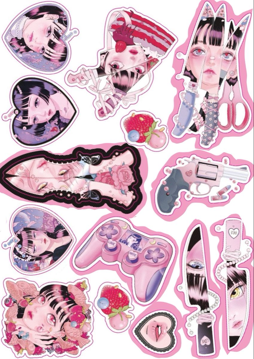Pink Aesthetic Gore and Edgy Stickers Pack, Cute Alternative Anime Girl and Weapon Theme Stickers for Journaling, Scrapbooking, Water Bottles, Laptop, and Planner Decals