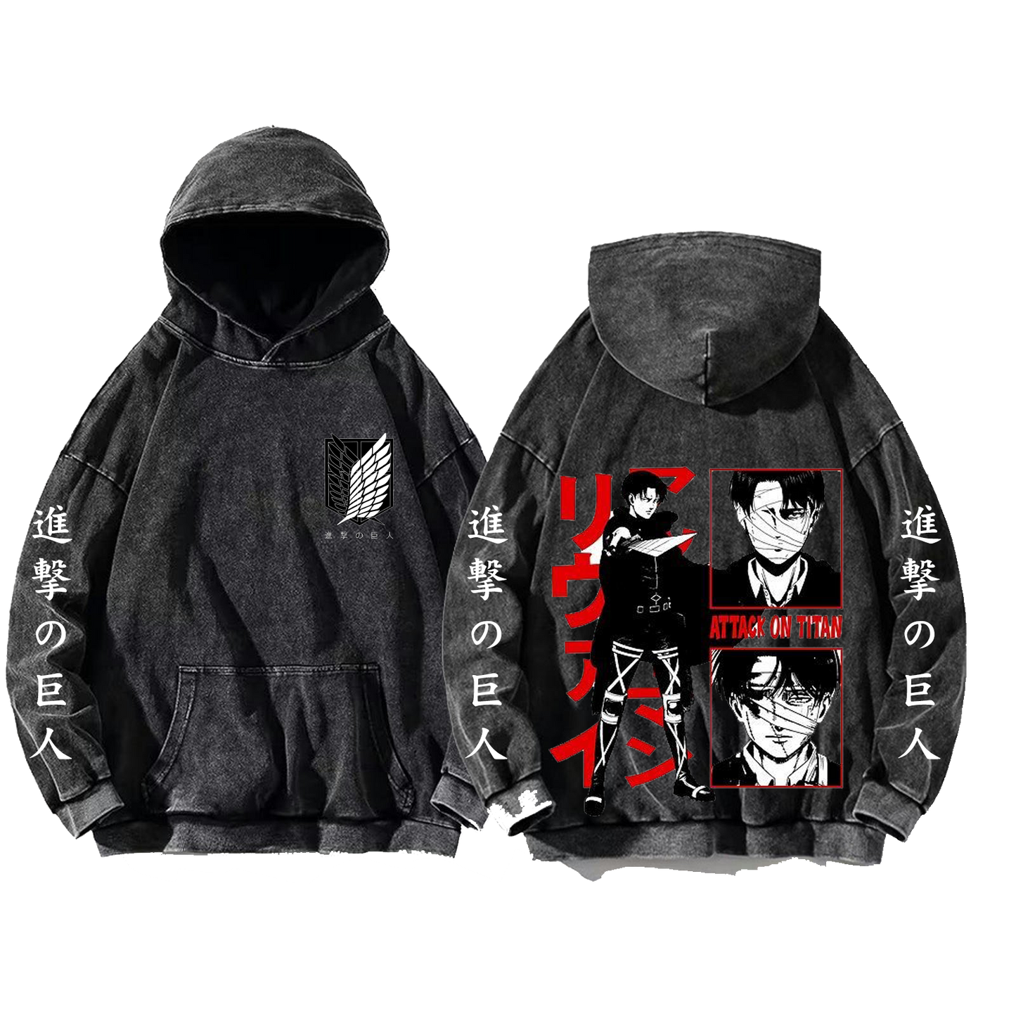 Anime Attack on titan shingeki no kyojin eren levi mikasa Aot Oversize Wash Hoodie gray 25