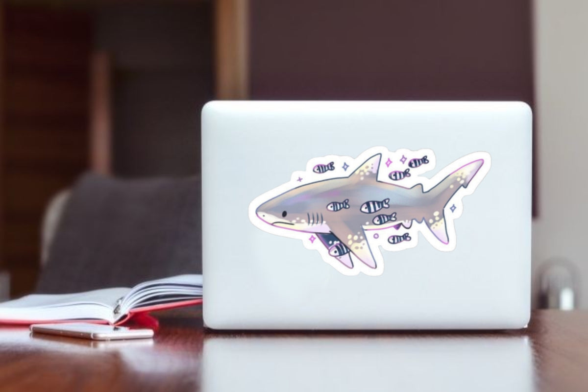 Cute Shark and Small Fish Aesthetic Sticker, Ocean Animal Waterproof Vinyl Decal for Laptop, Water Bottle, Hydro Flask, and Journal