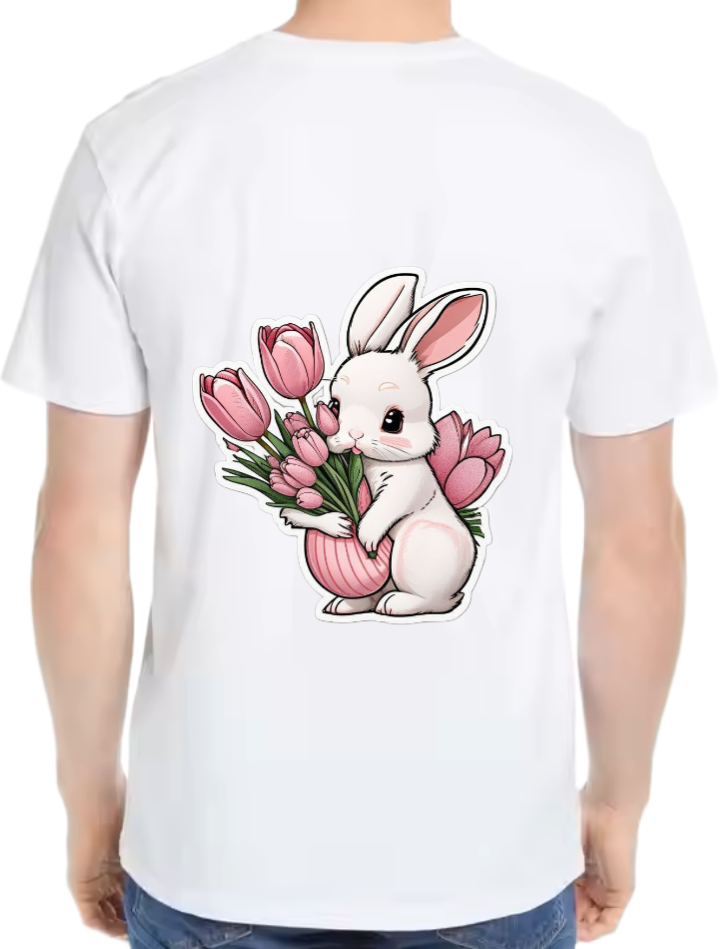 cute rabbit holding a bouquet of flowers t- shirt One Size White back 25