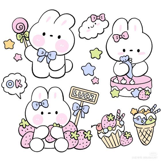 Kawaii Bunny and Sweets Stickers Pack, Cute Aesthetic Rabbit, Strawberry, and Ice Cream Theme Stickers for Journaling, Scrapbooking, Water Bottles, Laptop, and Planner Decals