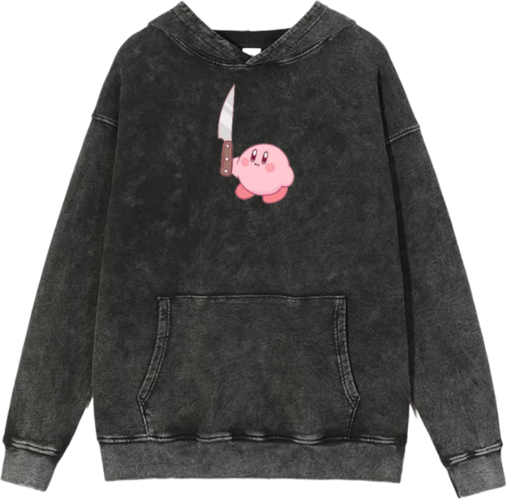 Cute Pink Anime Kirby Character Graphic Vintage Washed Hoodie for Women and Men, Kawaii Cartoon Dark Grey Pullover Sweatshirt 26