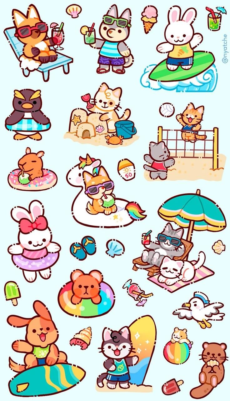 Kawaii Summer Beach Animals Stickers Pack, Cute Cat, Bunny, Surfing and Vacation Theme Stickers for Journaling, Scrapbooking, Water Bottles, Laptop, and Planner Decals