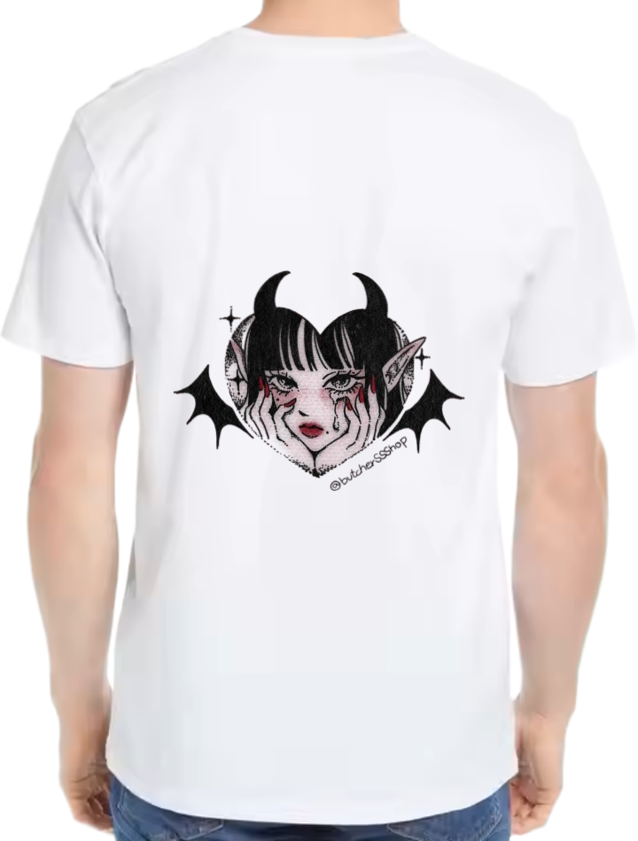 A devil with small horns and a heart t- shirt One Size White back 27