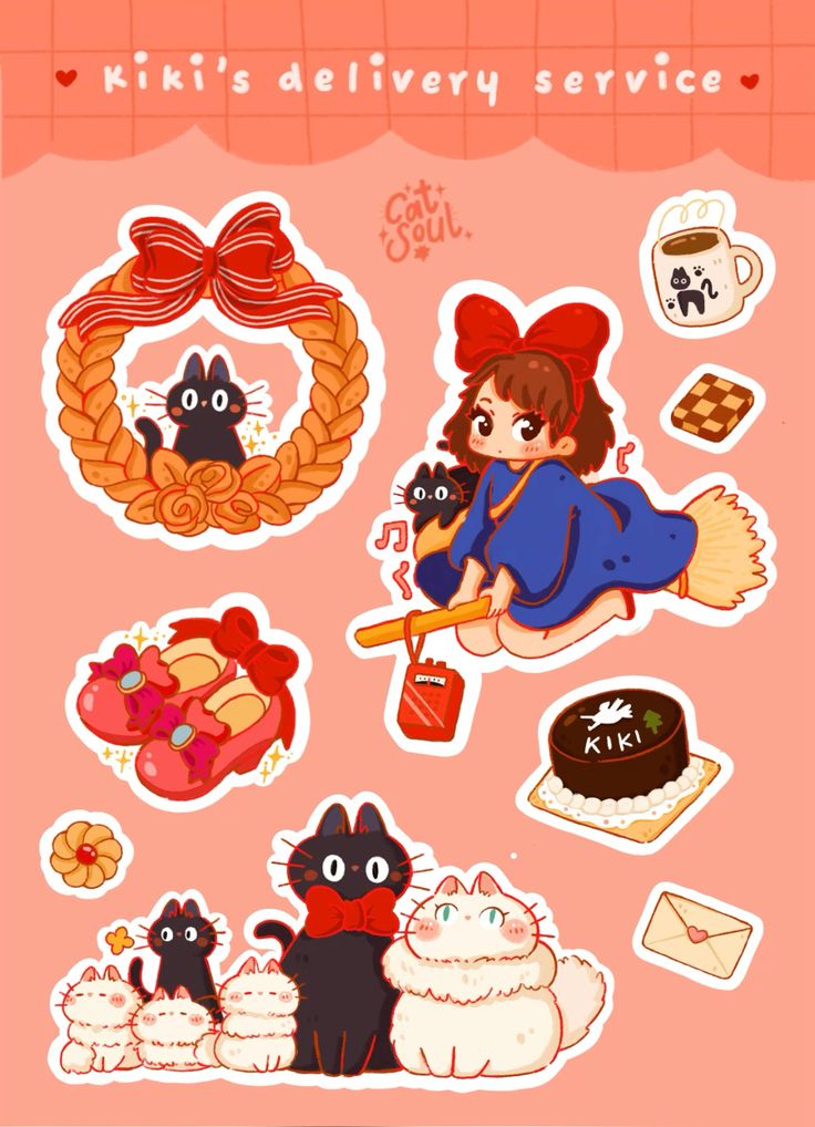 Kiki's Delivery Service Stickers Pack, Cute Anime Black Cat Jiji and Studio Ghibli Aesthetic Stickers for Journaling, Scrapbooking, Water Bottles, Laptop, and Planner Decals