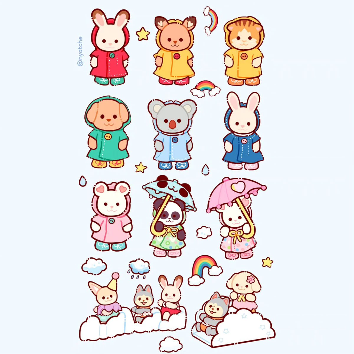 Sylvanian Families Raincoat Animals Stickers Pack, Cute Kawaii Critters, Rainbow, and Rainy Day Theme Stickers for Journaling, Scrapbooking, Water Bottles, Laptop, and Planner Decals