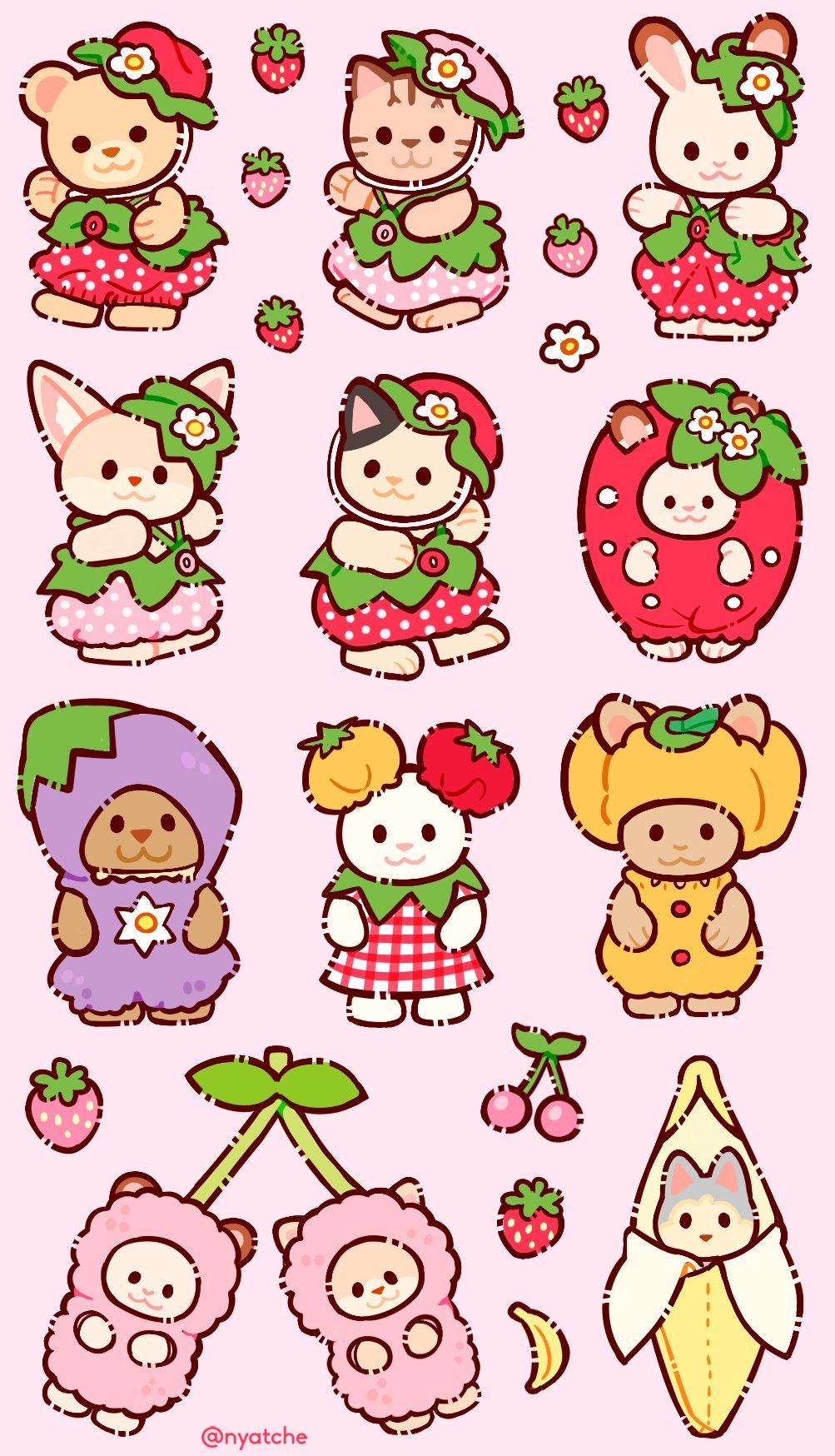 Kawaii Fruit Animal Costumes Stickers Pack, Cute Strawberry, Cherry, Banana, and Aesthetic Theme Stickers for Journaling, Scrapbooking, Water Bottles, Laptop, and Planner Decals
