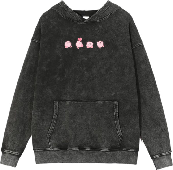 Cute Pink Anime Kirby Character Graphic Vintage Washed Hoodie for Women and Men, Kawaii Cartoon Dark Grey Pullover Sweatshirt 29