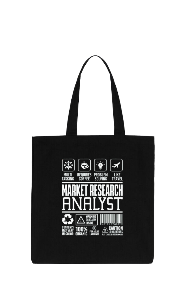 MARKET RESEARCH ANALYST Back text tote bag Black 144