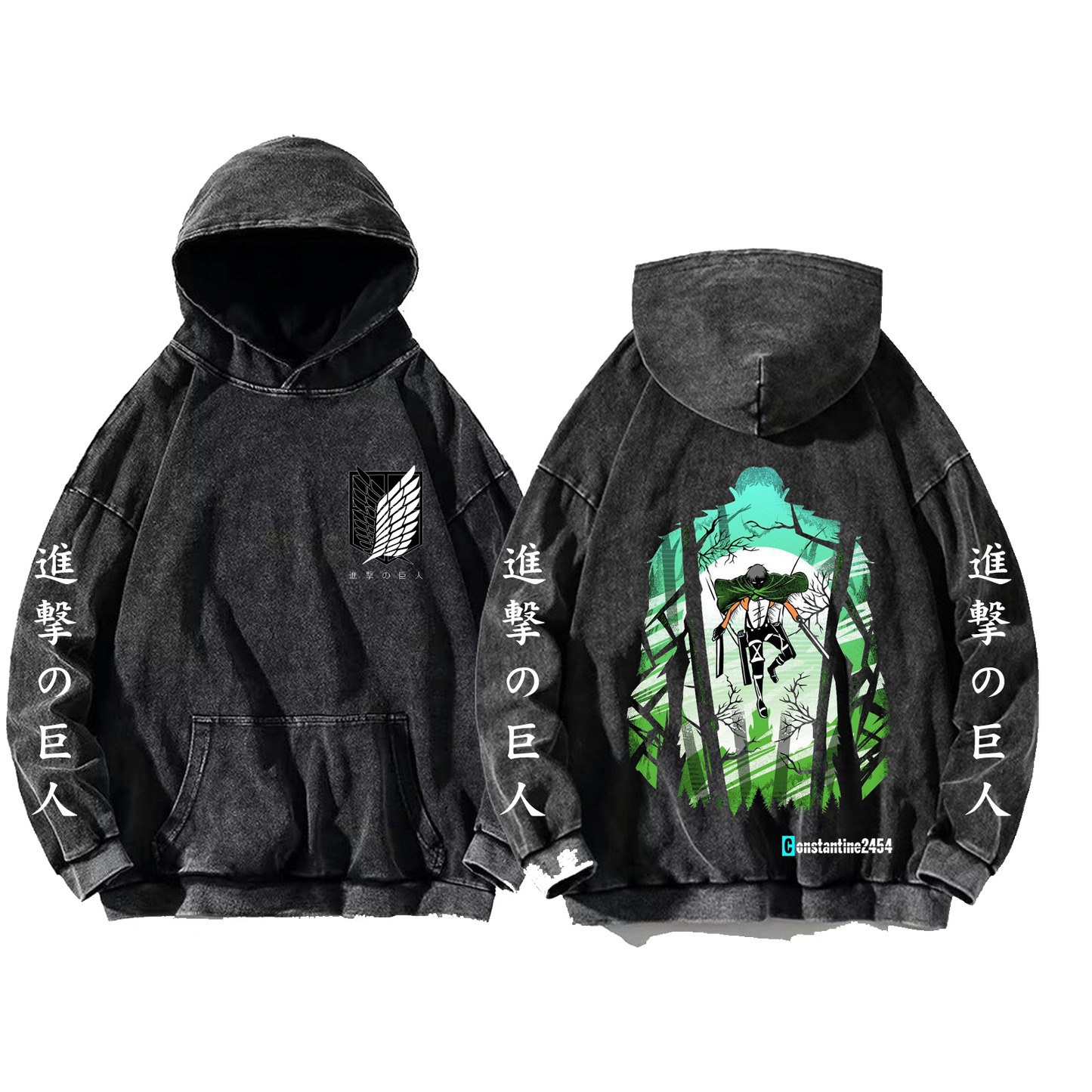Anime Attack on titan shingeki no kyojin eren levi mikasa Aot Oversize Wash Hoodie gray 2