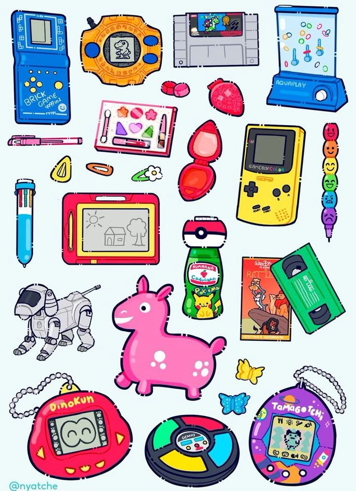 Retro 90s Toys and Gadgets Stickers Pack, Cute Tamagotchi, Game Boy, Nostalgic Childhood Aesthetic Stickers for Journaling, Scrapbooking, Water Bottles, Laptop, and Planner Decals