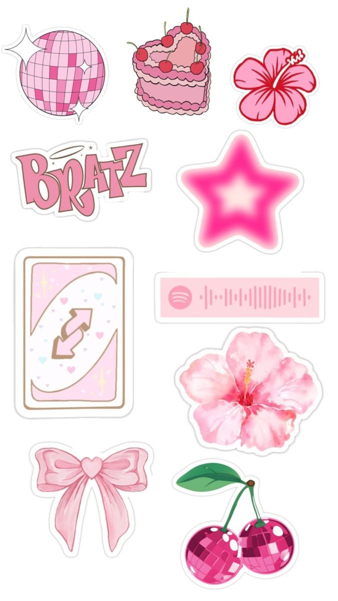 Pink Preppy Aesthetic Stickers Pack, Disco Ball, Heart Cake, Bow, Hibiscus Flowers, and Waterproof Vinyl Decals for Water Bottles, Laptops, Phone, and Journaling