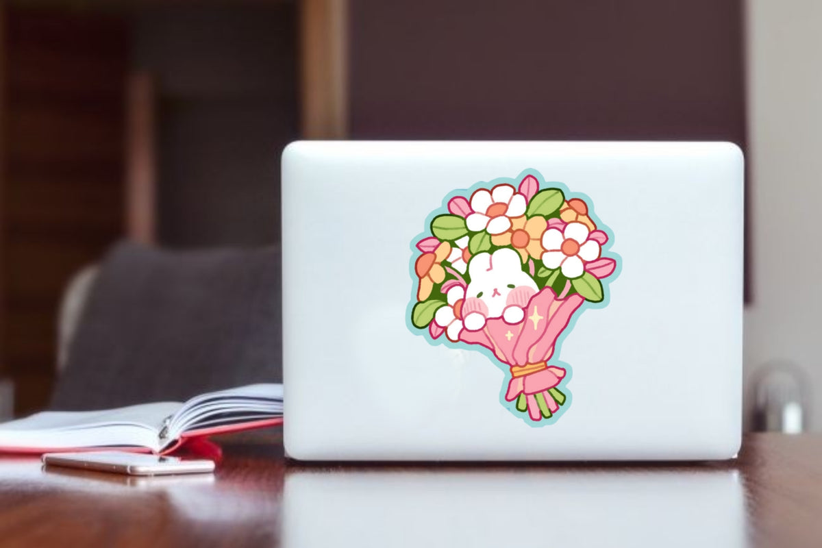 Cute Bunny in Flower Bouquet Sticker, Kawaii Rabbit Floral Waterproof Vinyl Decal for Laptop, Water Bottle, Hydro Flask, and Journal