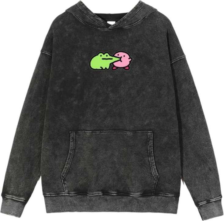 Cute Pink Anime Kirby Character Graphic Vintage Washed Hoodie for Women and Men, Kawaii Cartoon Dark Grey Pullover Sweatshirt 32