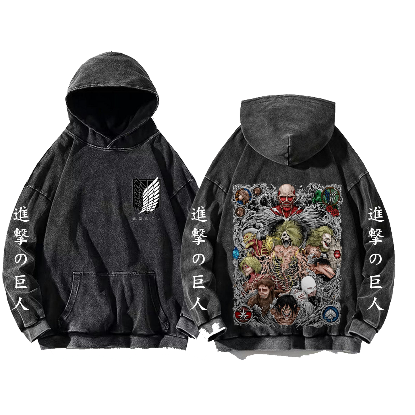 Anime Attack on titan shingeki no kyojin eren levi mikasa Aot Oversize Wash Hoodie gray 32