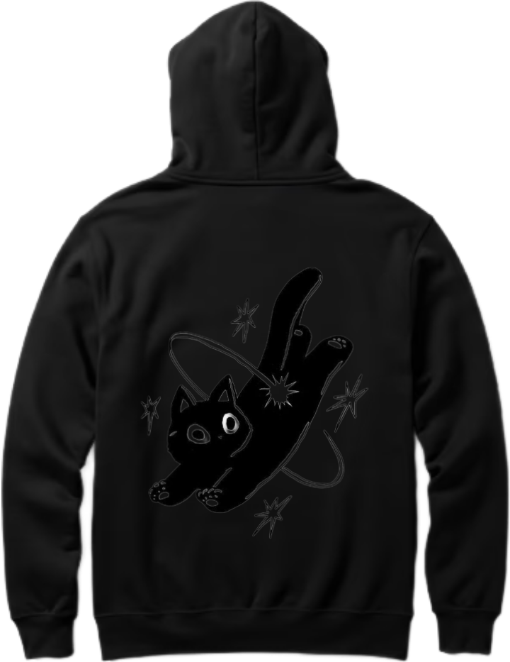 cat floating in space with stars and a planet One Size hoodie Black Back 33