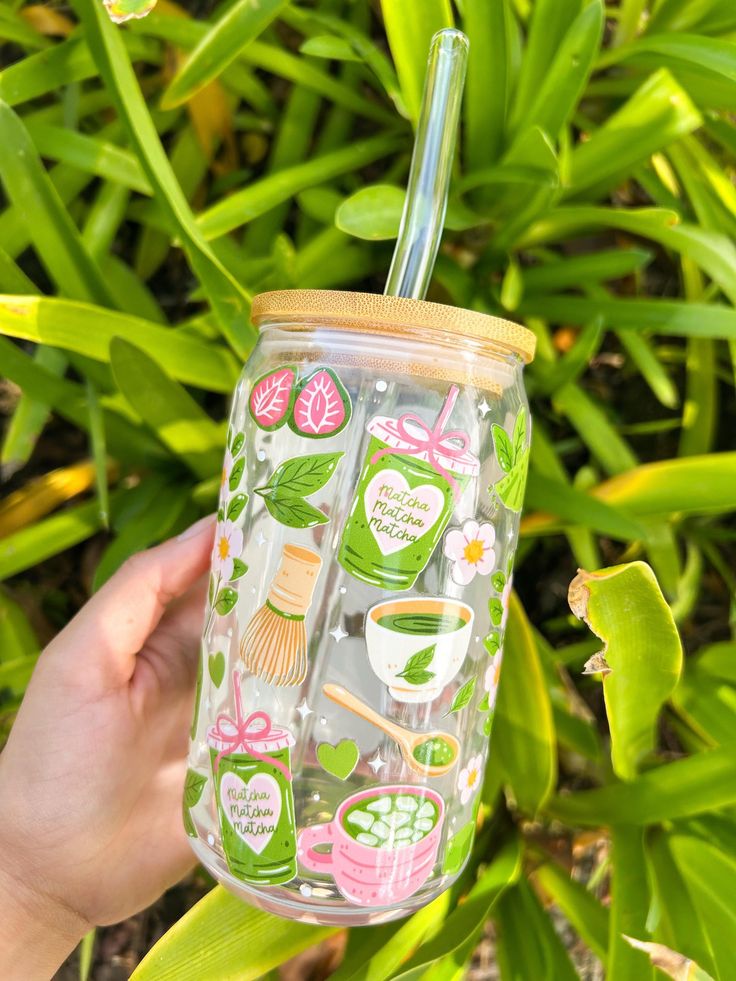 Mug with Wooden Lid and Clear Glass Straw: Practical for Juices and Ice Coffee Matcha Matcha Matcha