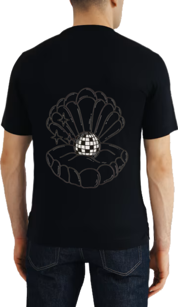 seashell containing a disco ball t- shirt One Size Black back 34