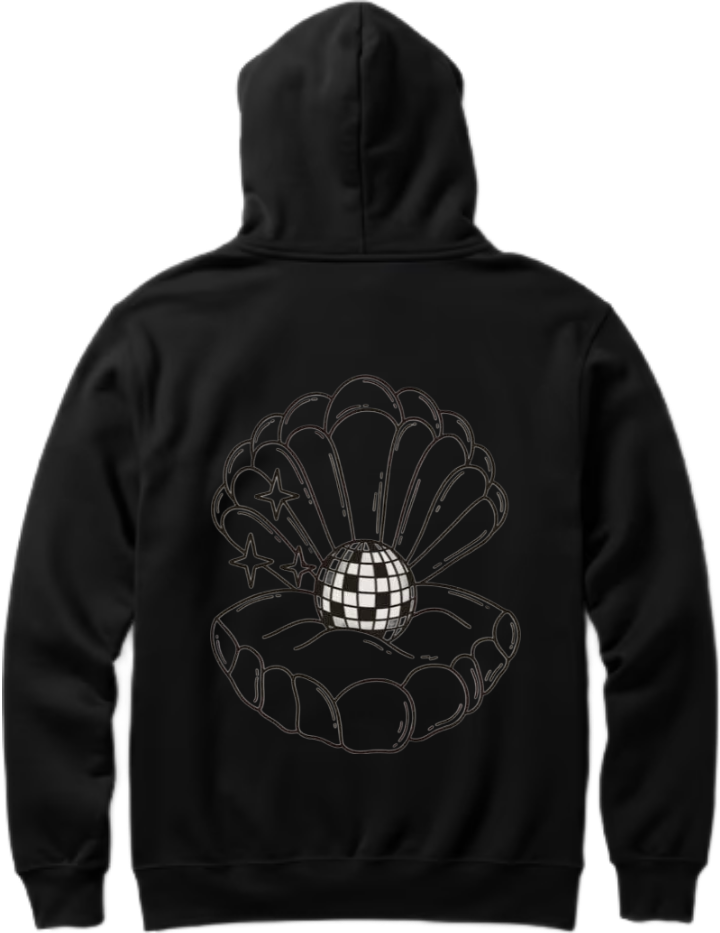 Disco ball inside a seashell One Size hoodie Black Back 34
