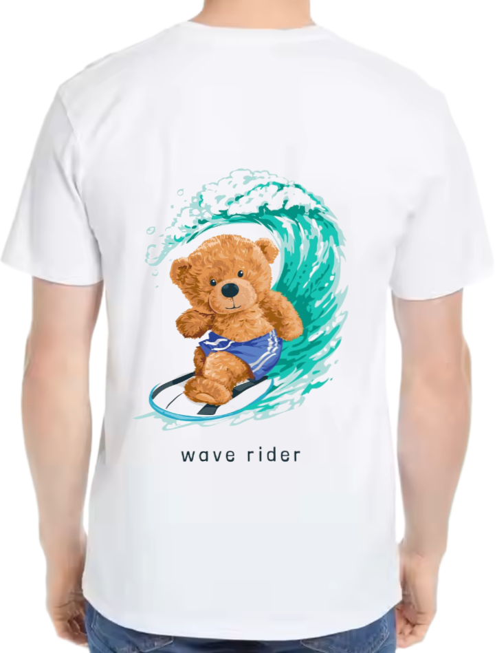 teddy bear surfing t- shirt One Size White back 35