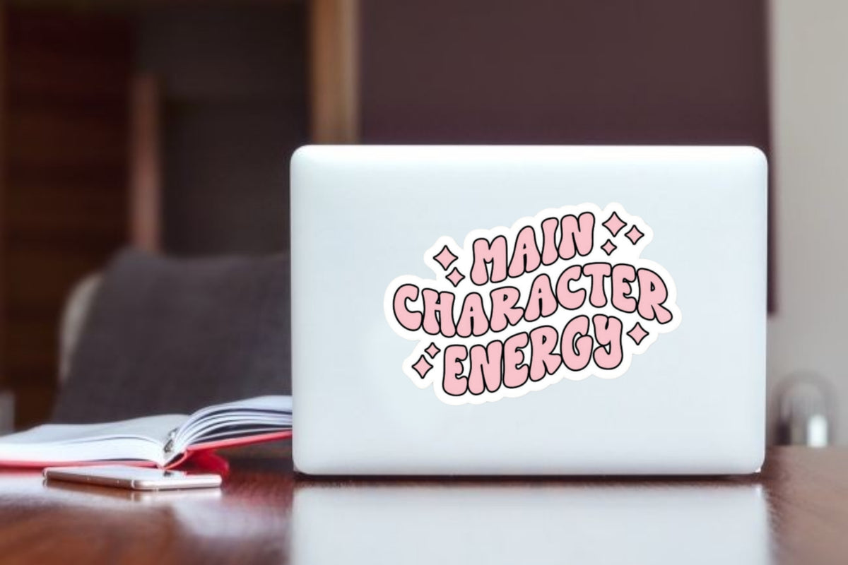 Main Character Energy" Trendy Quote Aesthetic Sticker, Cute Soft Pink Typography Decal with Sparkles for Laptop, Water Bottles, Journaling, Scrapbooking, and Planners