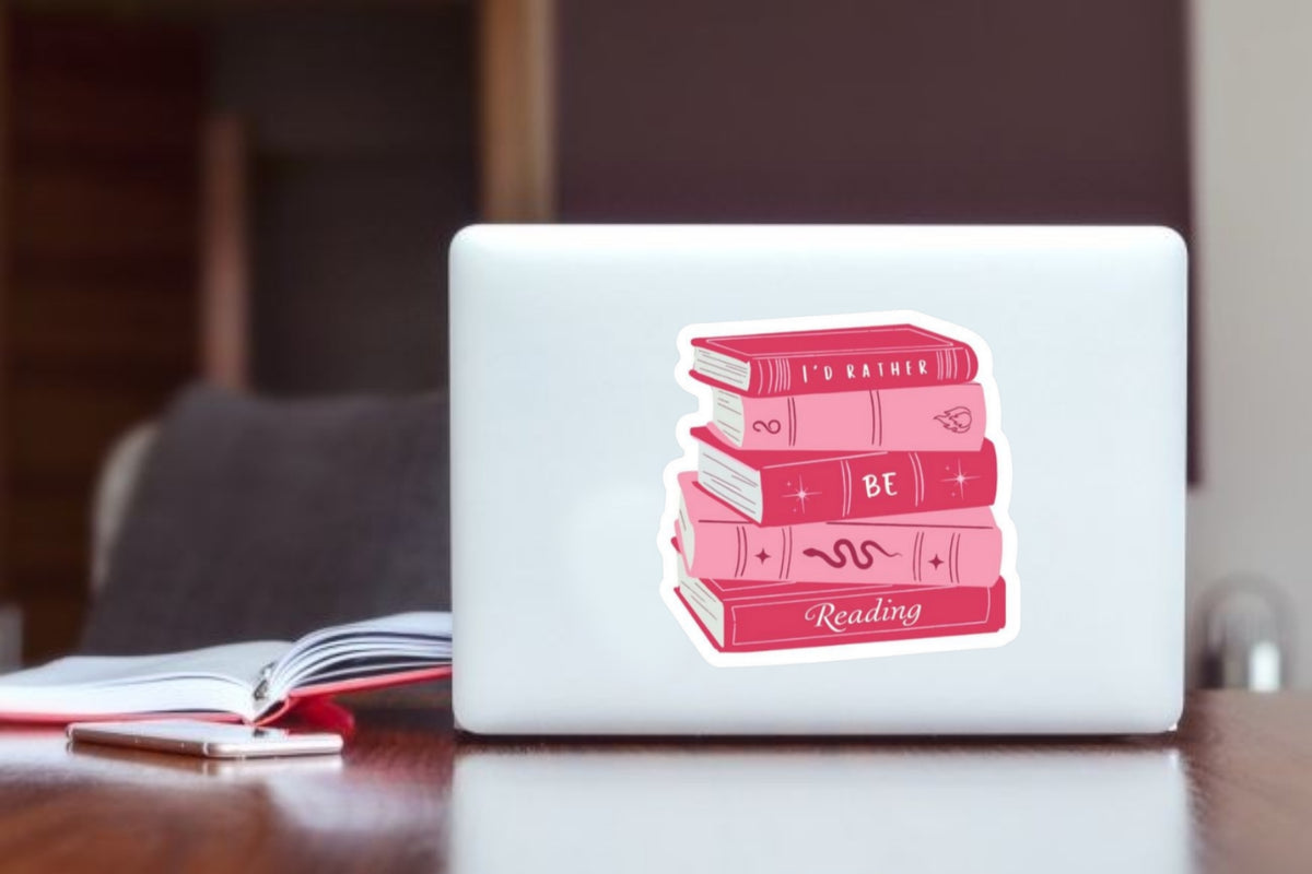 "I'd Rather Be Reading" Book Stack Laptop Sticker, Cute Pink Reading Vinyl Decal for Laptop, Kindle, Water Bottle, and Journal