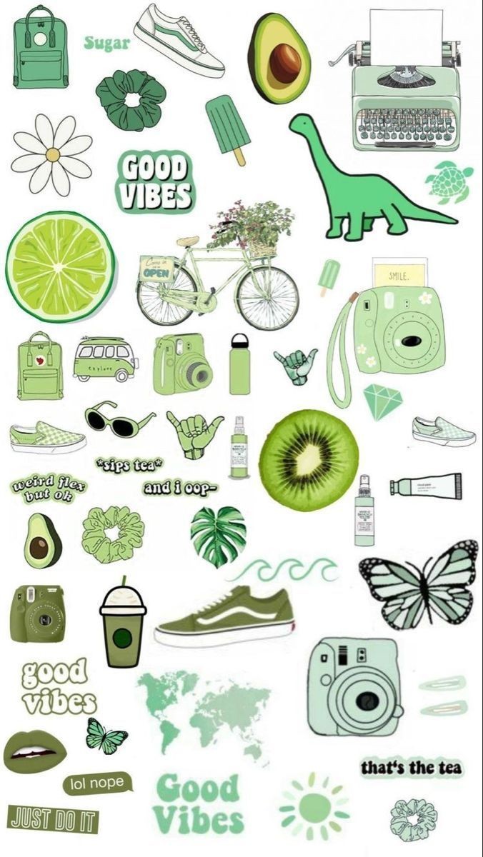 Sage Green Aesthetic Stickers Pack, Cute Retro Camera, Avocado, Good Vibes, Dinosaur, and Waterproof Vinyl Decals for Water Bottles, Laptops, and Journaling