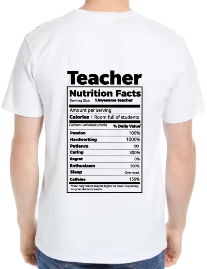 Teacher Nutrition Facts Back text One Size t- shirt White Back 3