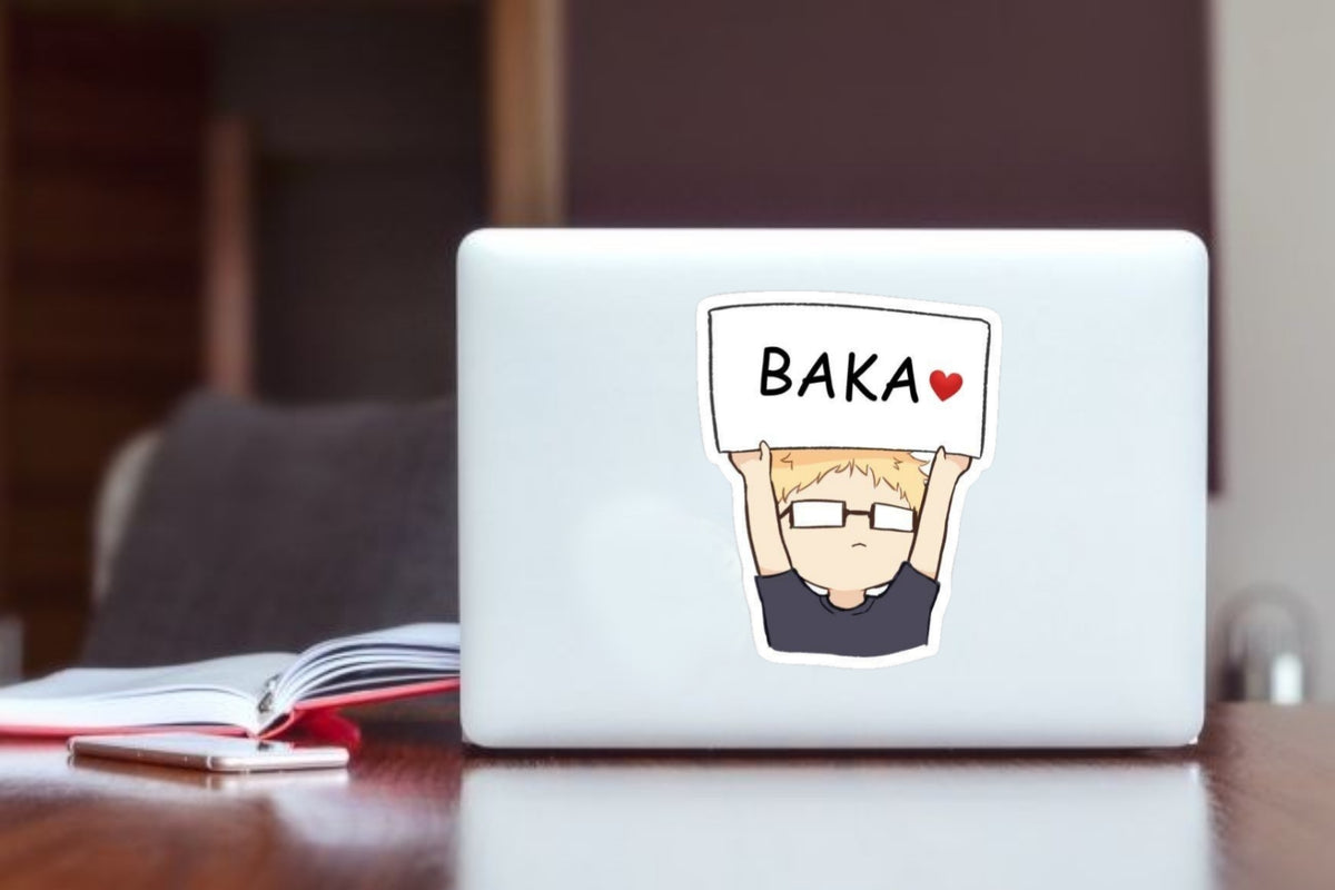 "Haikyuu Tsukishima Baka Anime Sticker, Waterproof Vinyl Chibi Decal for Laptop, Water Bottle, Hydro Flask, Skateboard, Luggage, Kawaii Sports Anime Merchandise Gifts
