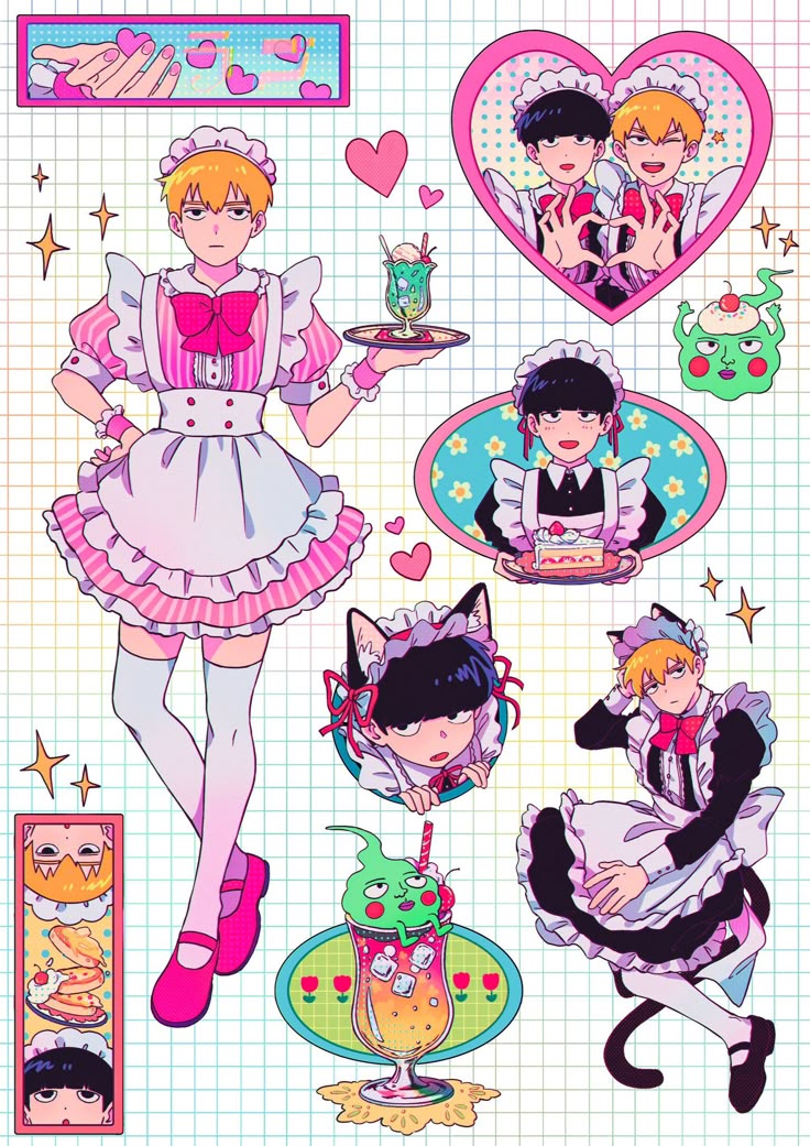 Mob Psycho 100 Maid Outfit Stickers Pack, Cute Mob and Reigen Aesthetic Anime Stickers for Journaling, Scrapbooking, Water Bottles, Laptop, and Planner Decals