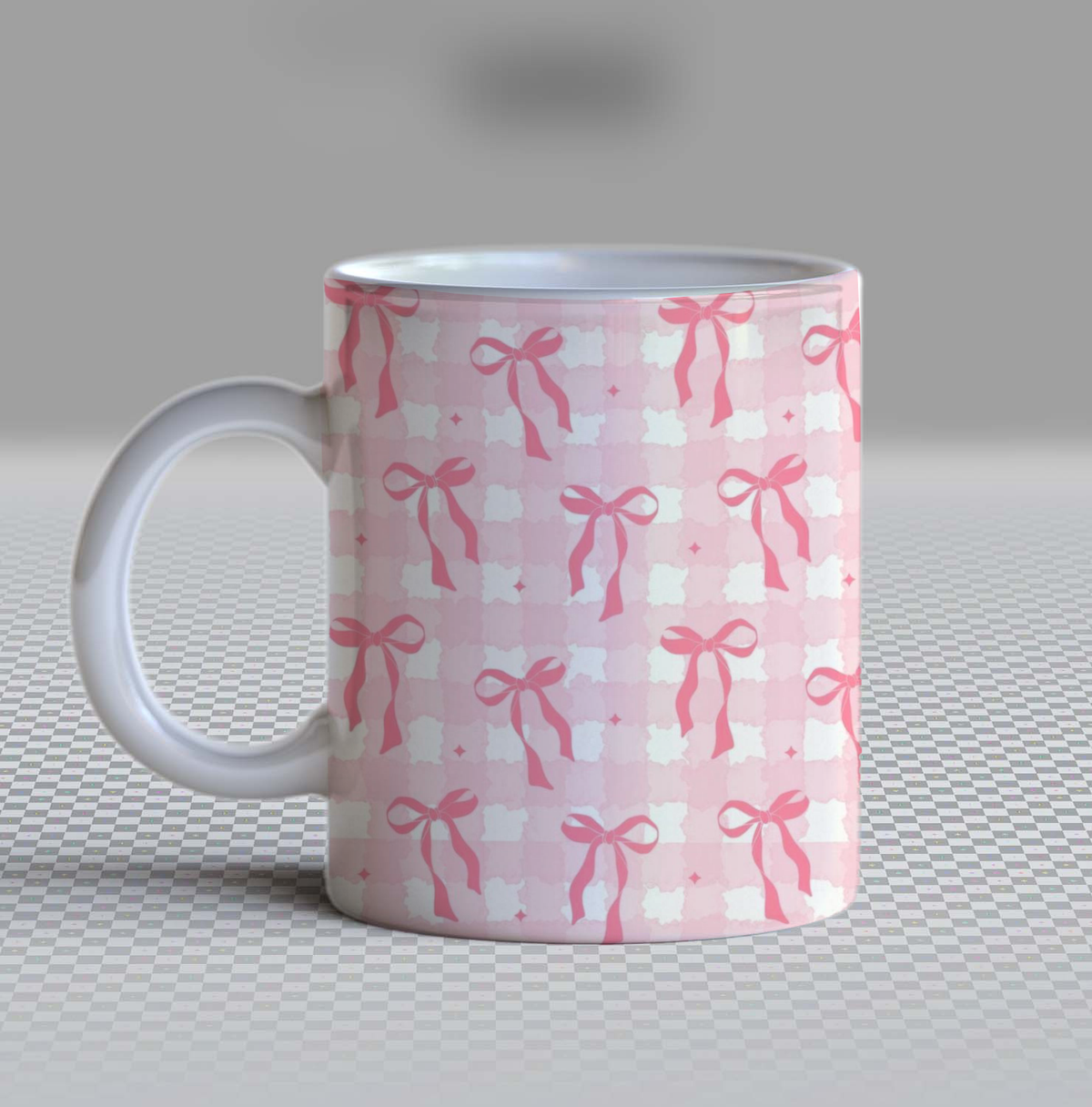 Cute Pink Bow Gingham Ceramic Coffee Mug – 11oz Aesthetic Checkered Plaid Tea Cup, Trendy Ribbon Coquette Pattern Mug for Coffee Lovers, Lovely Birthday Gift for Women, Girls & Teens