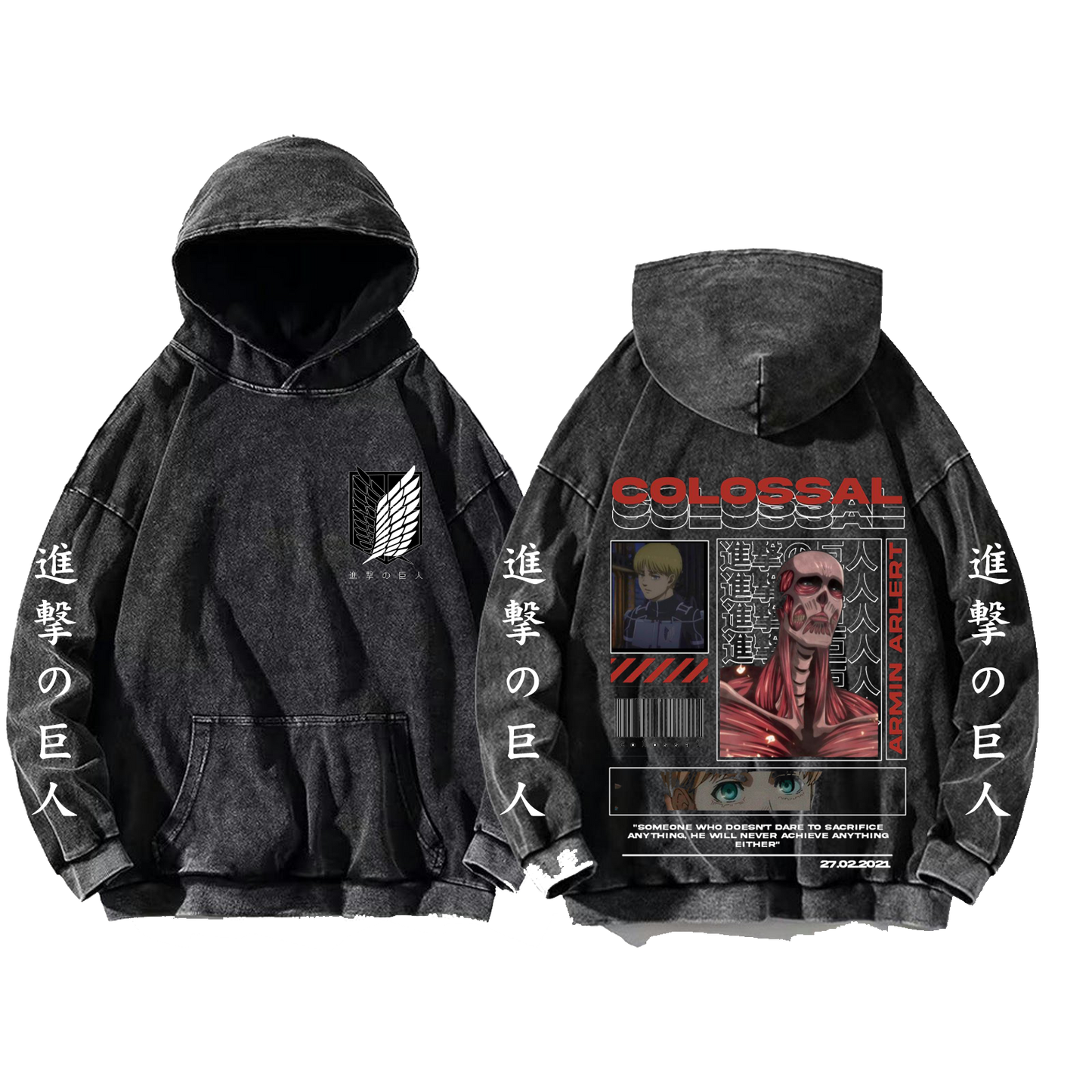 Anime Attack on titan shingeki no kyojin eren levi mikasa Aot Oversize Wash Hoodie gray 42