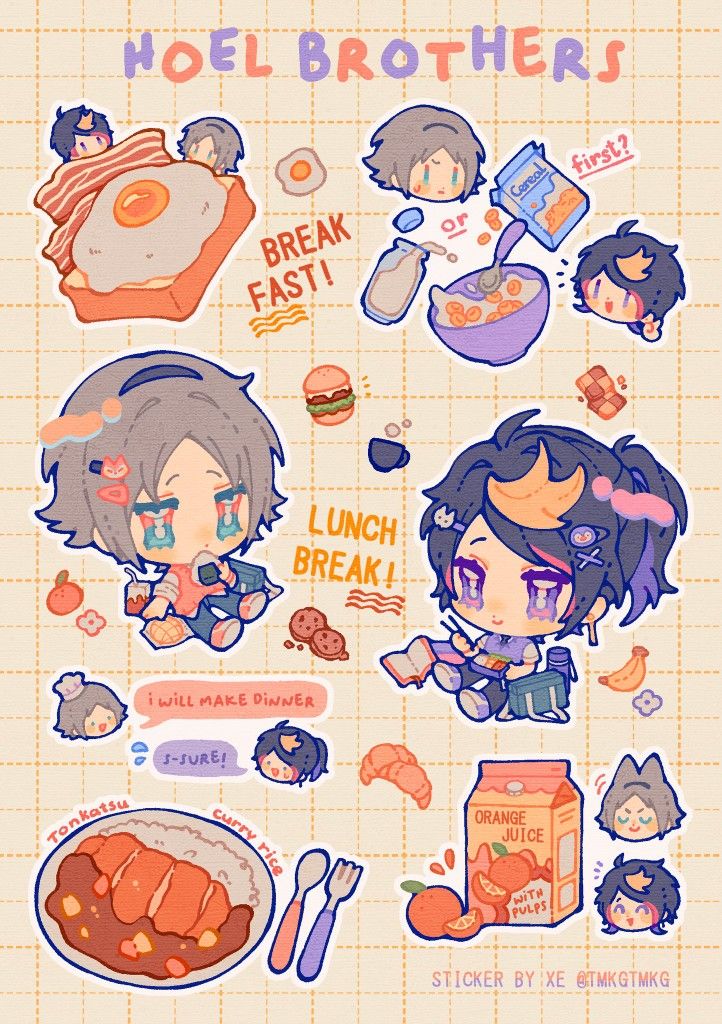 Hoel Brothers Chibi Anime Stickers Pack, Cute Food, Breakfast, Lunch Break, and Waterproof Vinyl Decals for Water Bottles, Laptops, and Journaling