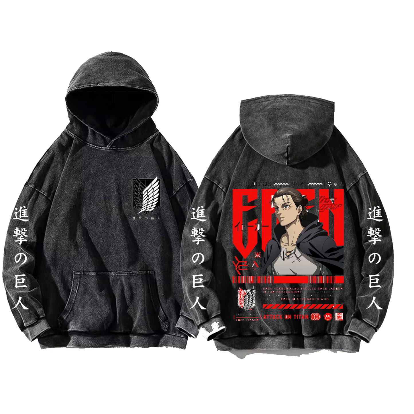 Anime Attack on titan shingeki no kyojin eren levi mikasa Aot Oversize Wash Hoodie gray 45