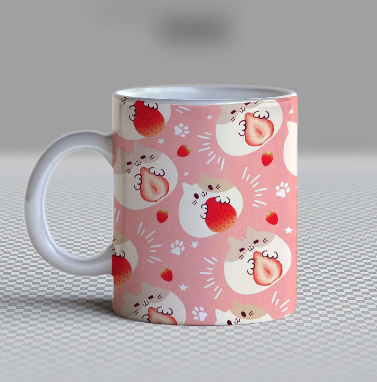 Cute Strawberry Cat Ceramic Coffee Mug – 11oz Aesthetic Kawaii Neko Tea Cup, Pink Kitten & Berry Pattern Mug for Coffee Lovers, Lovely Birthday Gift for Women, Girls, Teens & Cat Lovers