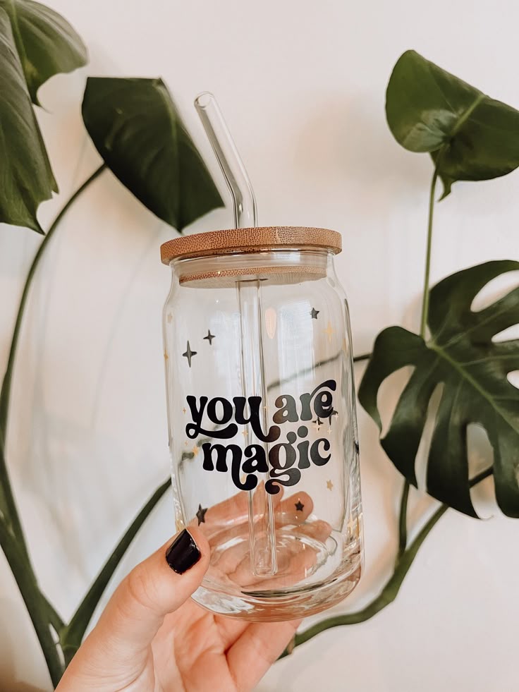 Mug with Wooden Lid and Clear Glass Straw: Practical for Juices and Ice Coffee you are magic