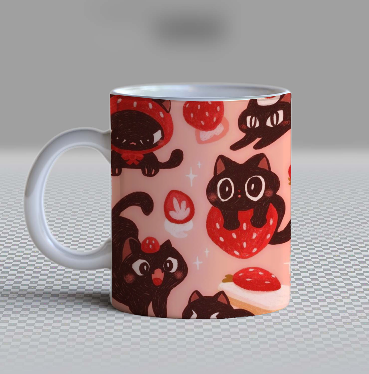 Cute Black Cat Strawberry Ceramic Coffee Mug – 11oz Aesthetic Kawaii Goth Neko Tea Cup, Pastel Pink Kitten & Berry Pattern Mug for Coffee Lovers, Lovely Birthday Gift for Women, Girls, Teens & Cat Owners