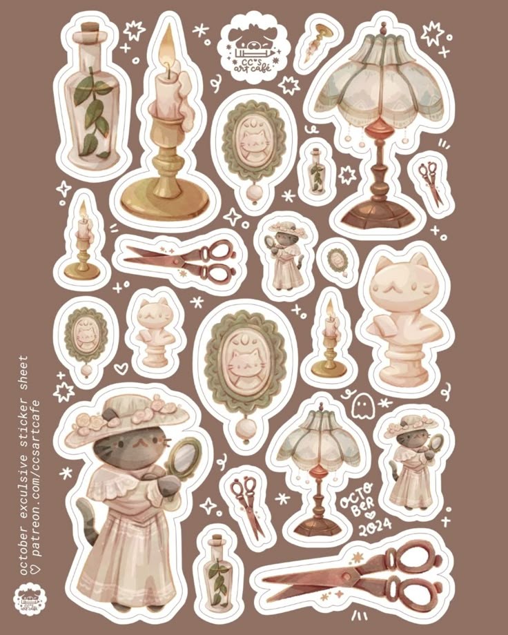 Vintage Dark Academia Cat Stickers Pack, Classic Victorian Kitty, Antique Lamp, Candle, and Waterproof Vinyl Decals for Water Bottles, Laptops, and Journaling