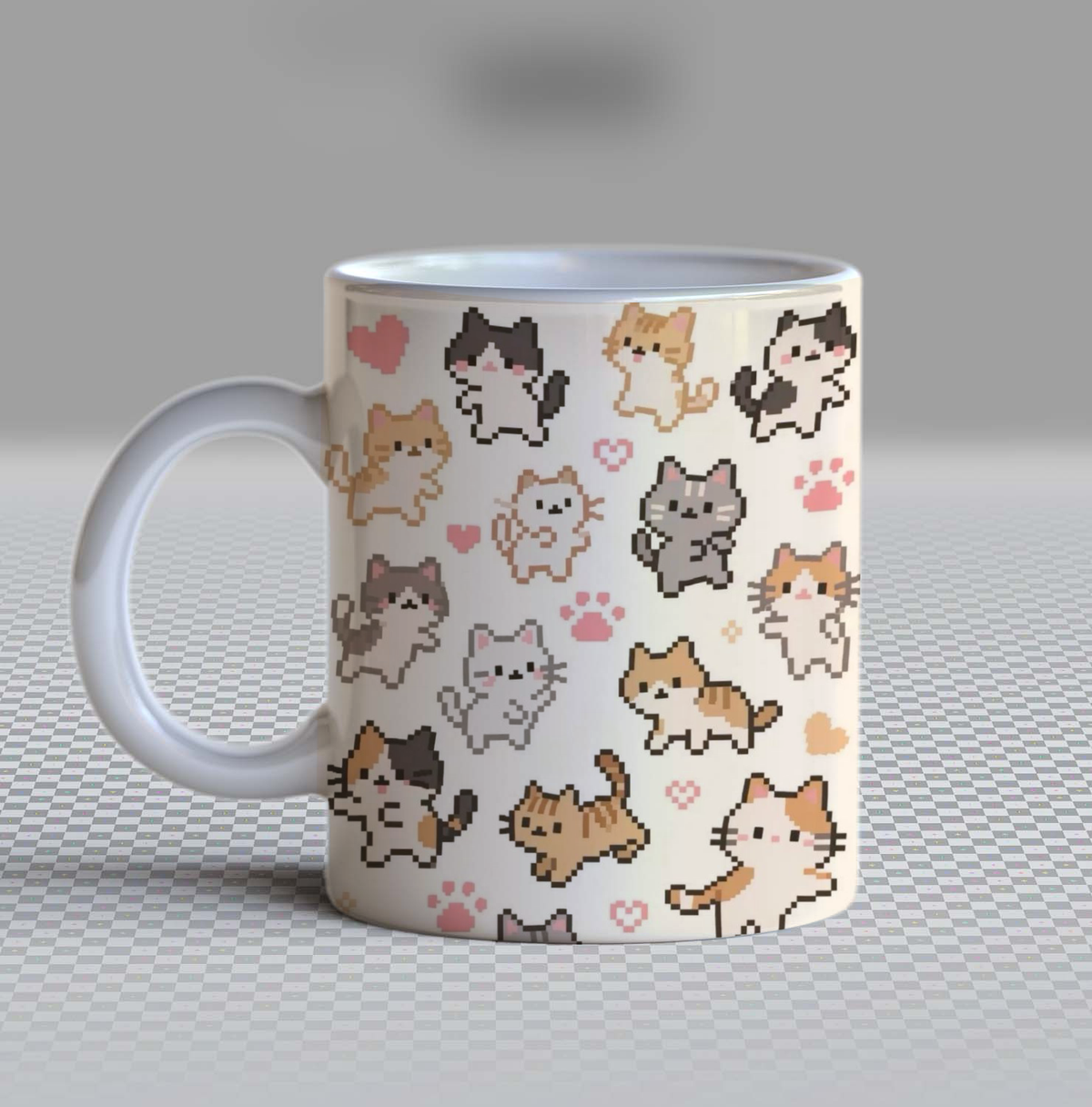 Cute Pixel Art Cats Ceramic Coffee Mug – 11oz Aesthetic Kawaii Gamer Neko Tea Cup, Retro 8-Bit Kitten Pattern Mug for Coffee Lovers, Lovely Birthday Gift for Women, Girls, Teens & Cat Lovers