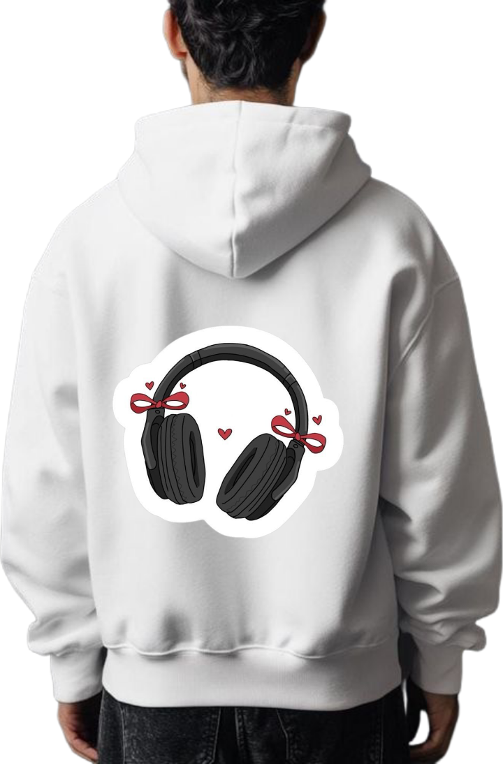 Black headphones adorned with red bows One Size hoodie White Back 4
