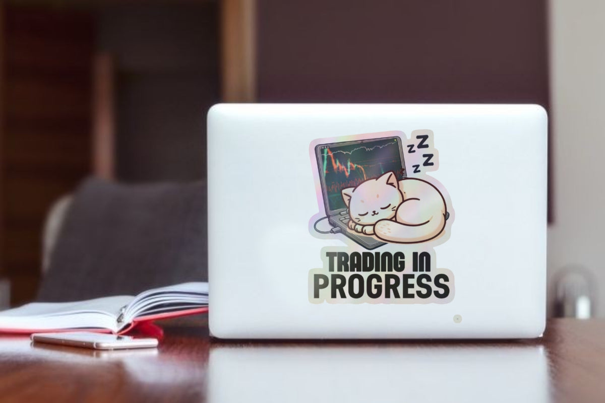 "Trading in Progress Laptop Sticker, Cute Sleeping Cat Stock Market Decal, Holographic Waterproof Sticker for Water Bottle, Hydro Flask, Journal, and Trader Gifts