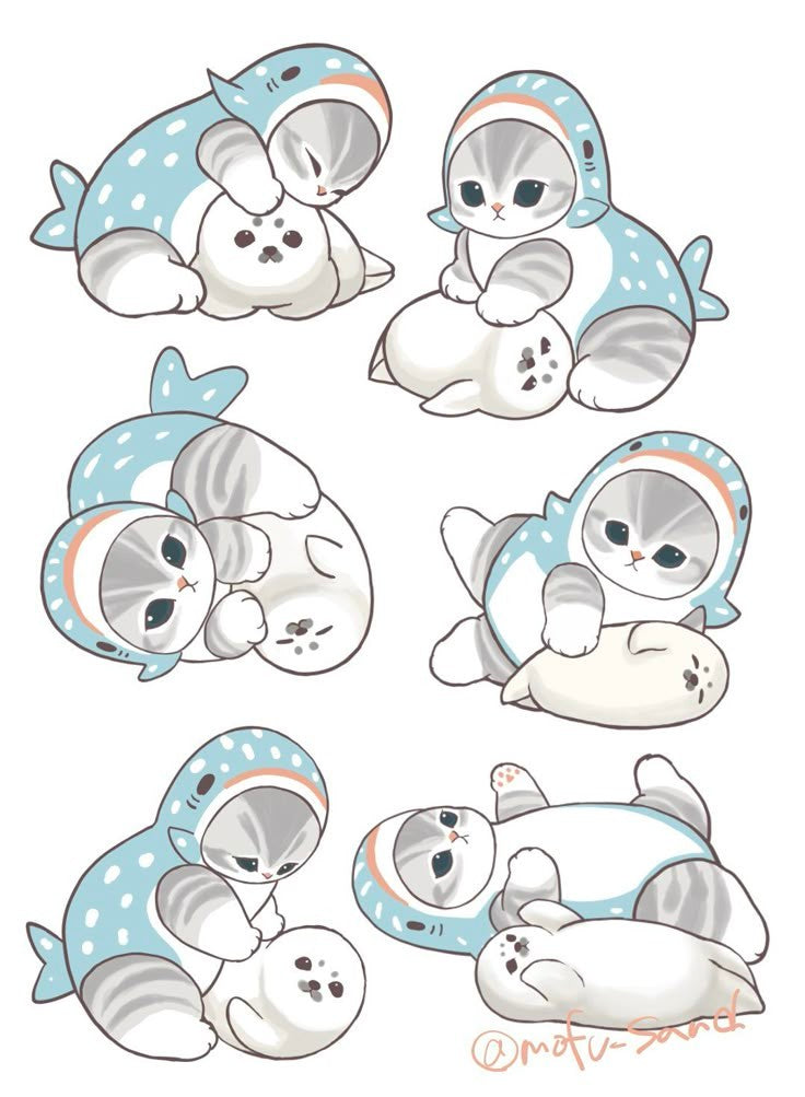 Mofusand Shark Cat Stickers Pack, Cute Kawaii Kitty in Whale Shark Costume with Little Seal, and Waterproof Vinyl Decals for Water Bottles, Laptops, and Journaling