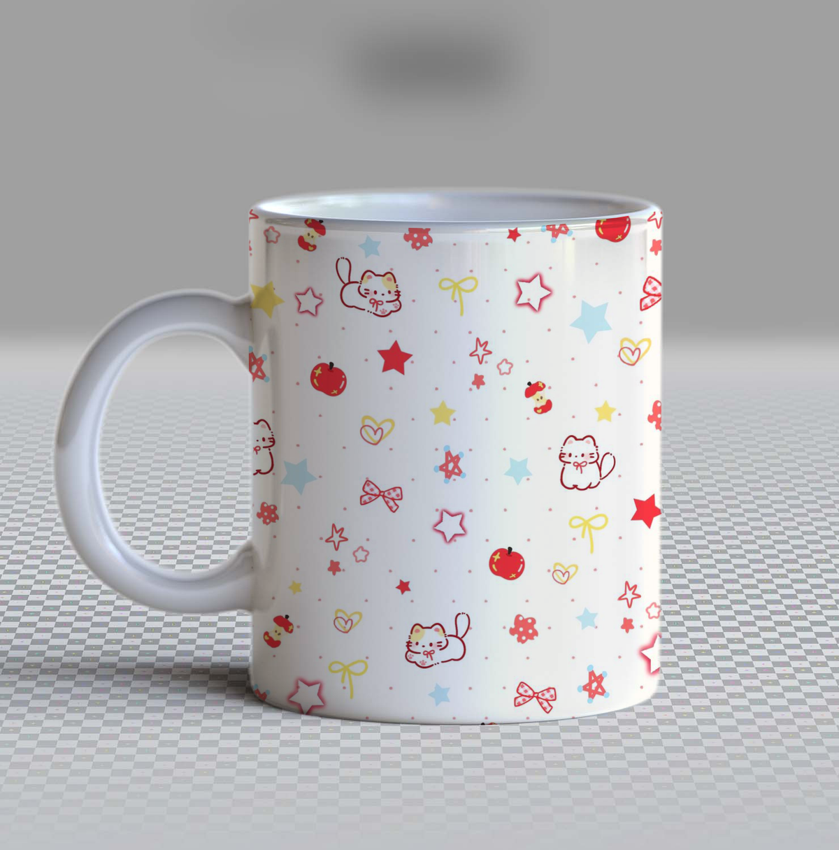Cute Anime Cat and Stars Ceramic Coffee Mug – 11oz Aesthetic Kawaii Neko Tea Cup, Pastel Colorful Ribbon & Apple Pattern Mug for Coffee Lovers, Lovely Birthday Gift for Women, Girls & Teens