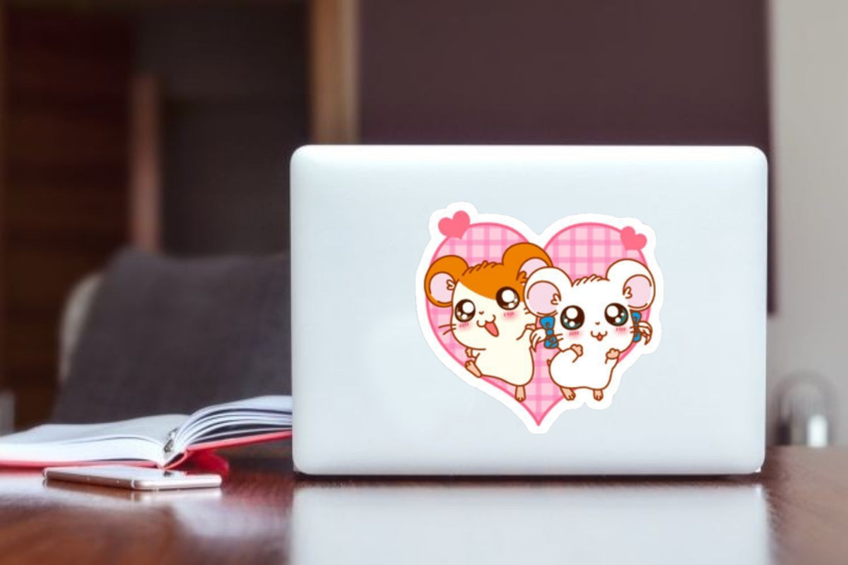 Hamtaro Anime Sticker, Cute Hamsters in Pink Heart Waterproof Vinyl Decal for Laptop, Water Bottle, Hydro Flask, and Journal