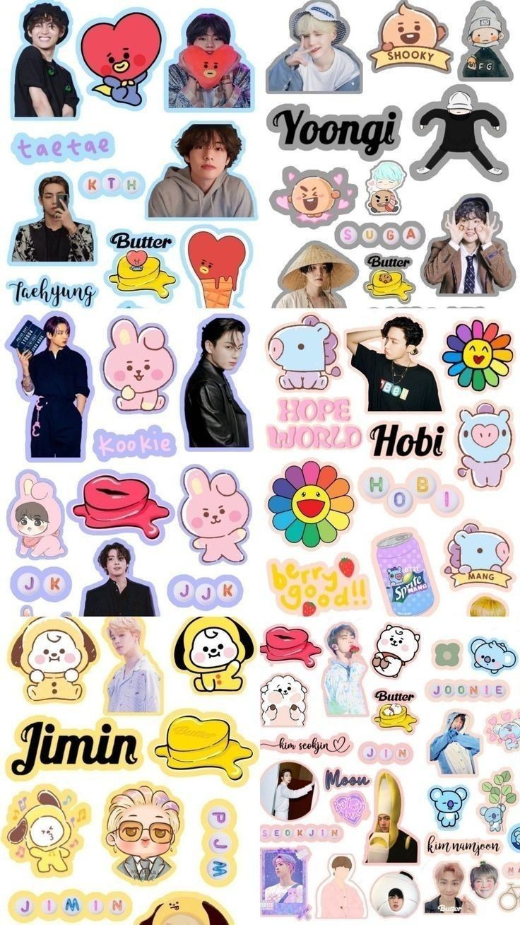 BTS Members and BT21 Characters Stickers Pack, Cute K-Pop Aesthetic Merchandise for Journaling, Scrapbooking, Water Bottles, Laptop, and Planner Decals