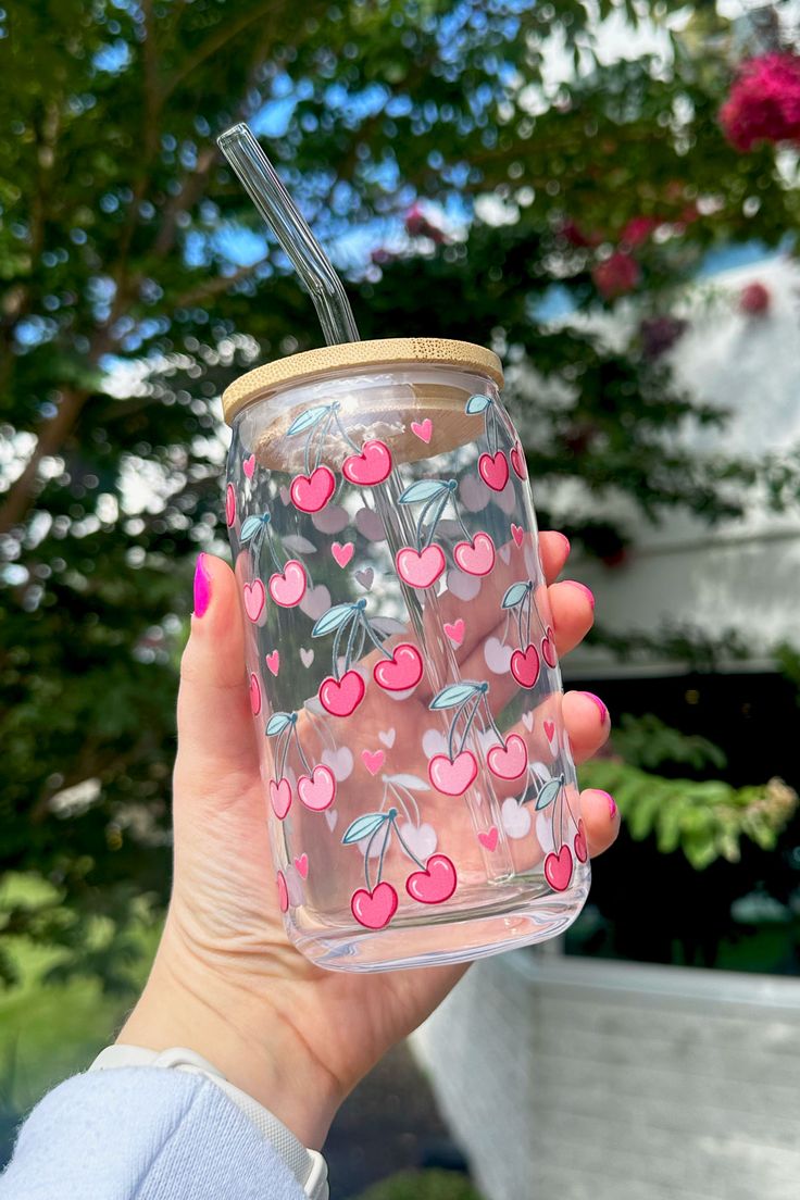 Mug with Wooden Lid and Clear Glass Straw: Practical for Juices and Ice Coffee Pink and red cherries with light green leaves and small hearts