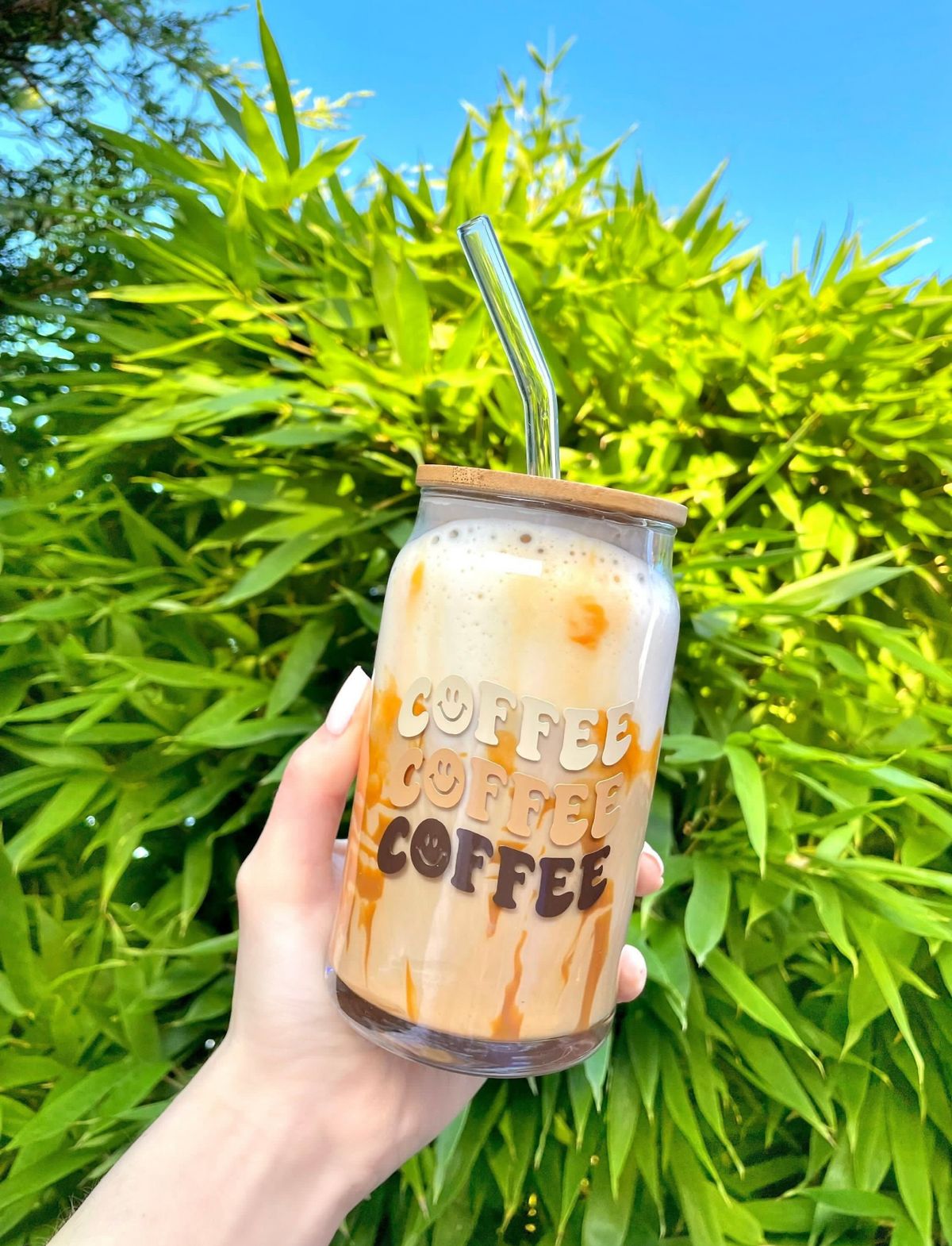 Mug with Wooden Lid and Clear Glass Straw: Practical for Juices and Ice Coffee COFFEE