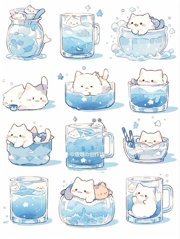 Kawaii Blue Cat in Water Cup Stickers Pack, Cute White Kitty in Glass, Refreshing Blue Aesthetic, and Waterproof Vinyl Decals for Water Bottles, Laptops, and Journaling