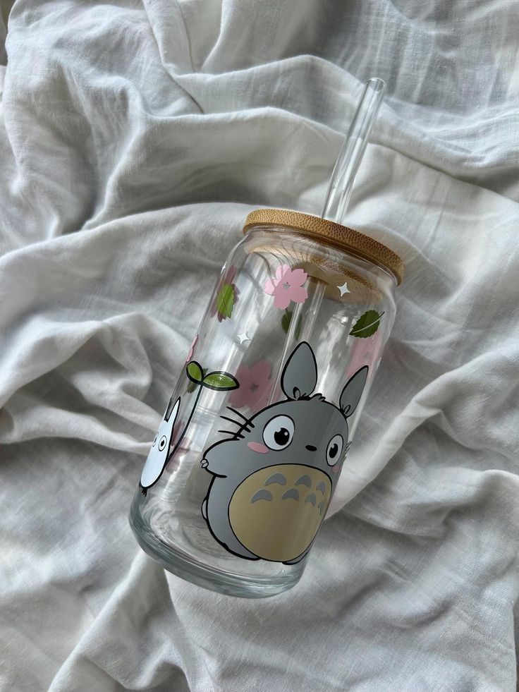 Mug with Wooden Lid and Clear Glass Straw: Practical for Juices and Ice Coffee My Neighbor Totoro